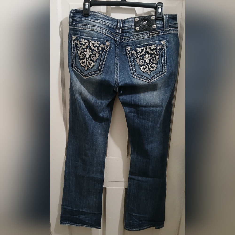 Miss Me #JE5395EL Boot Cut Jeans W/ Floral Scroll-like Embroidery & Rhinestones
